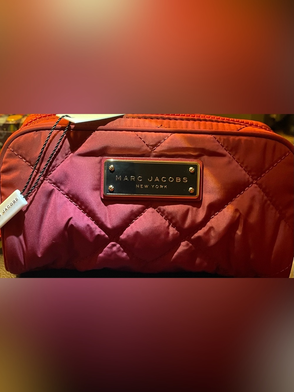 Marc Jacobs Quilted Burgundy Red Cosmetic Case with Gold Plaque